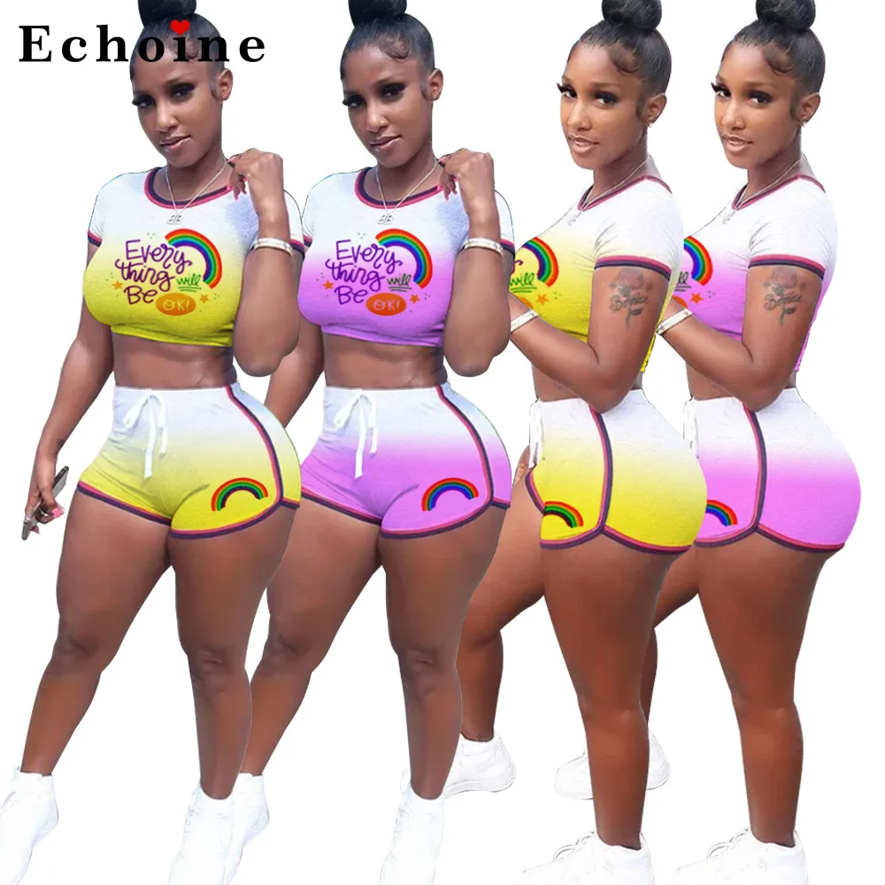 

Gradient Letter Printed Two-Piece Suit Colorful Rainbow Side Striped Slim Crop Tops Short Pants Lace Up Sports Jogger Tracksuits