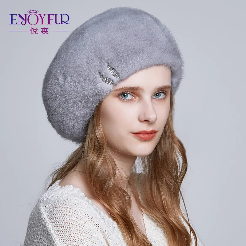 ENJOYFUR Women's Real Mink Fur Beret Hat - Genuine Fur Winter Beanie, Knitted Warm Hat