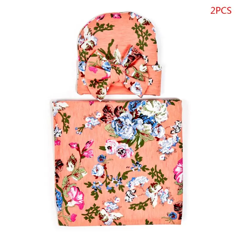 

2019 2 Pcs/set Baby Swaddle Wrap Children Bow-knot Cap Newborn Print Blanket Hat Maternal and Child Supplies