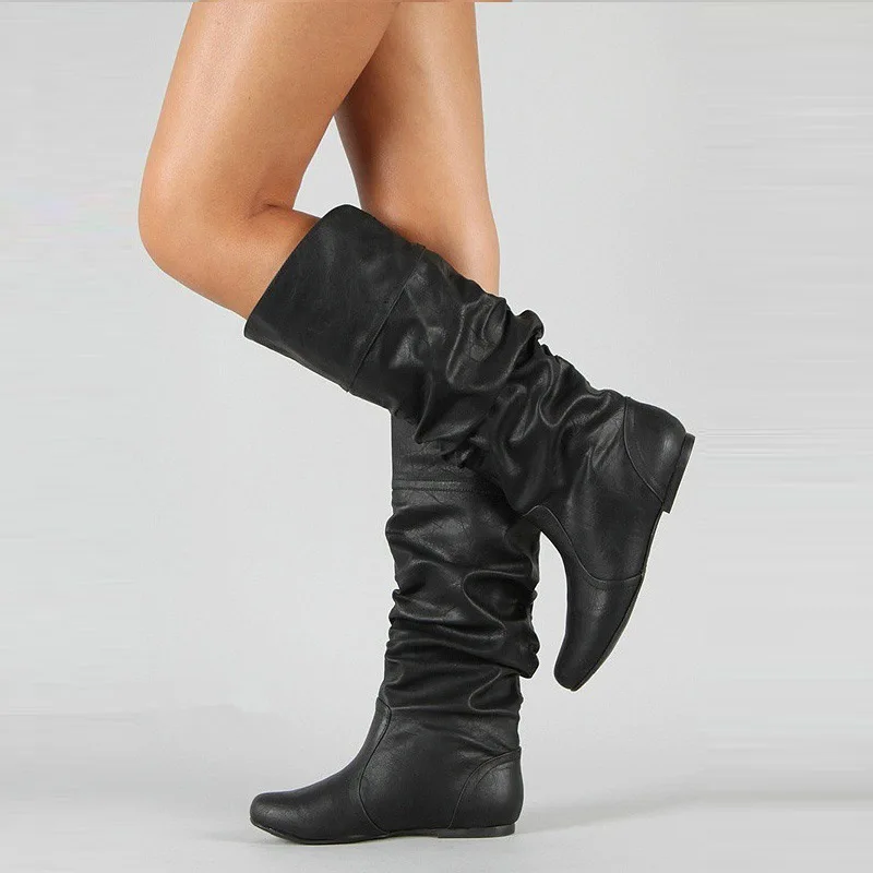 RIBETRINI/Большие размеры 34-51, сапоги до середины икры женские складные Сапоги на каблуке с вставками женская обувь с круглым носком обувь на плоской подошве осень-зима - Цвет: Черный
