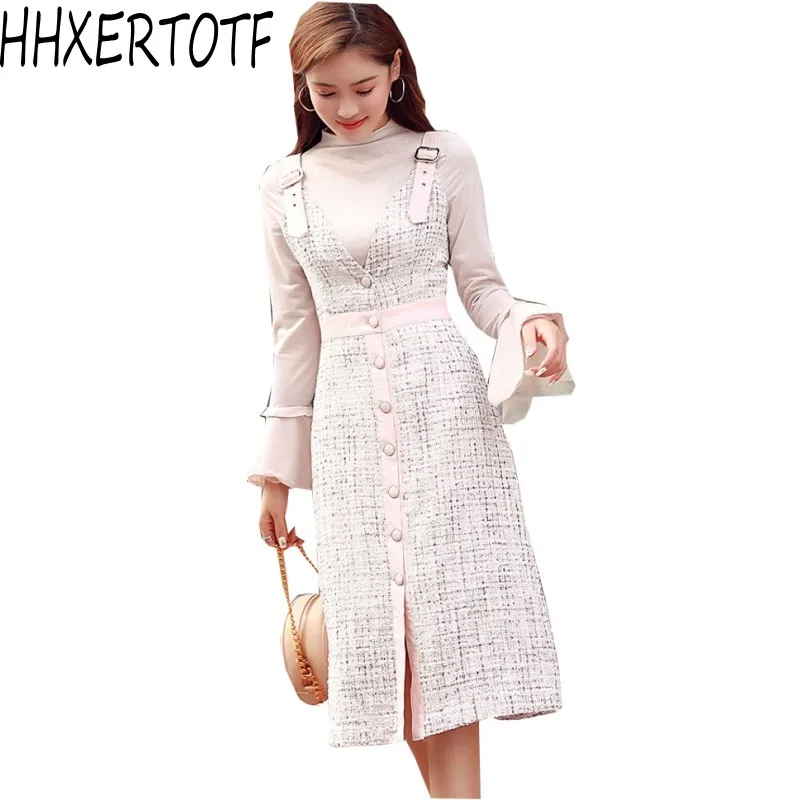 

Women Autumn Winter 2 Pieces Suits Female Knitted Pullover Sweater Tops+Tweed A-Line Strap Dress Ladies Elegant Sets