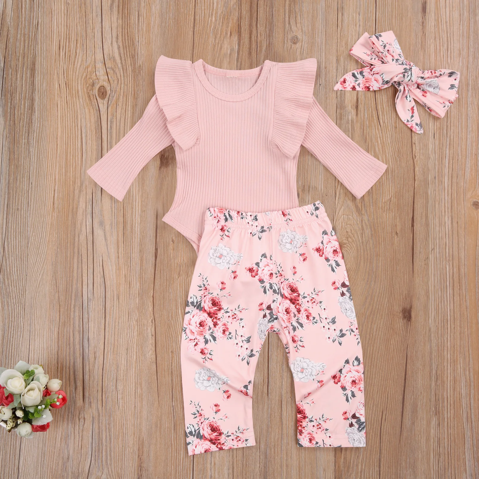

3 Pcs Newborn Casual Outfits Infant Fly Sleeve Round Neck Ribbed Romper + Floral Trousers + Headband