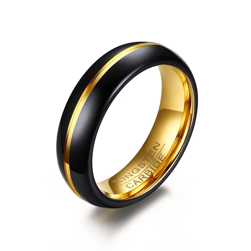 6mm Black Tungsten Carbide Ring Gold Color inlay Engagement For Men Women Wedding Bands Jewelry USA size 6 to 12 | Украшения и