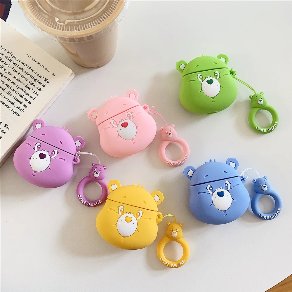 

Care Bears Silicone Case For Apple Airpods 1 2 INS lovely cartoon colourful rainbow bear Ring Lanyard Hang Loop protective Cover