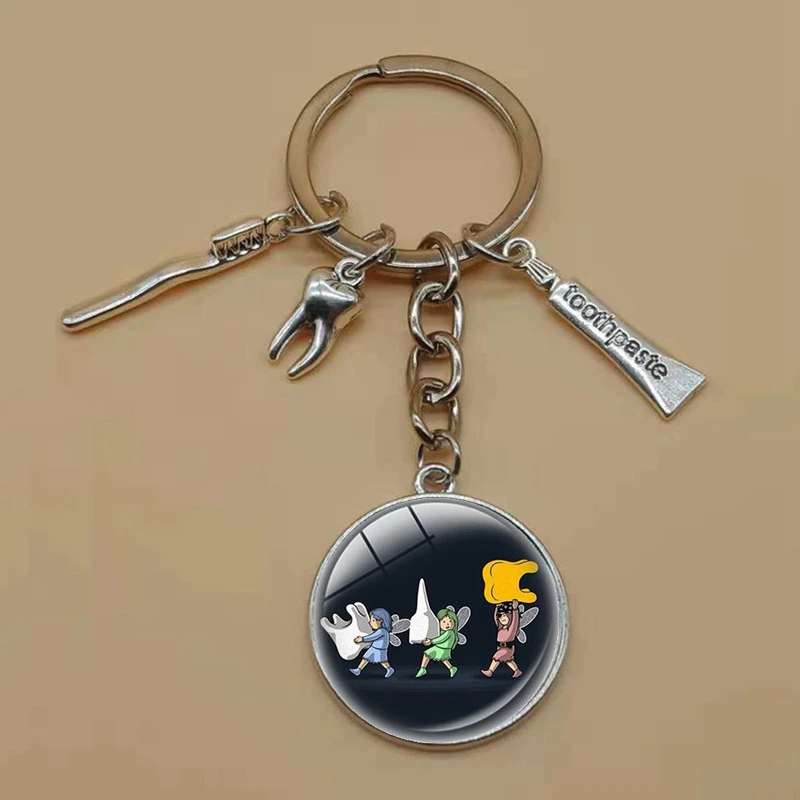 Silver Стоматологическая кабошон стеклянная цепочка для ключей с подвесками на изображение инструментов зубного Врача брелок стоматологический помощник подарок стоматологический уход брелок - Цвет: Silver
