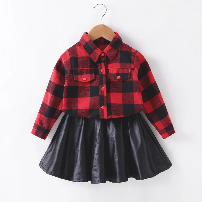 

Autumn Baby Girl Clothes Long Sleeve Cotton Plaid Print T-shirt Blouse+Leather Skirts 2pcs Casual Outfits Set Spring Summer