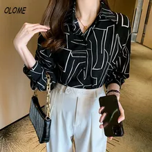 

Shirts Women Button Sleeve Longs Line Printed Casual Style Korean Chiffon Blouse Feminine All-Match Harajuku Top