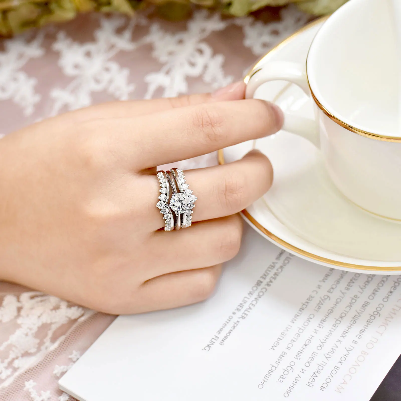 Newshe Luxury Solid 925 Sterling Silver Wedding Engagement Rings for Women High Grade Cubic Zircon Guard Band BR1167 H8b9856bcd7f74d11ab0603c12ccbf6180