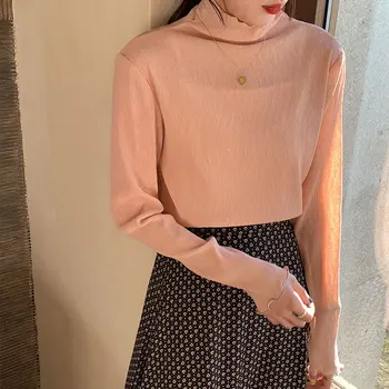 

New Women Basic Tee Shirt Korean Fashion Turtleneck Long Sleeve Slim Stretch T-shirt Woman Casual All-match Tops