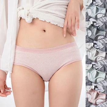 

Women Panties Sexy Underwear Cotton Briefs Stripe Lingerie Women Soft Briefs 2020 Plus Size Middle Waist Cute Women Underwear