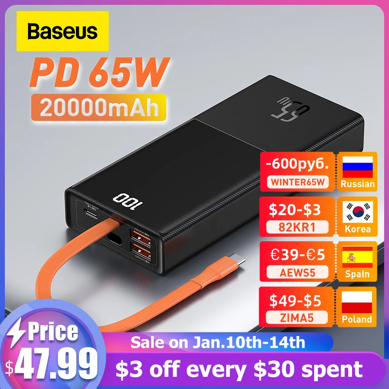  Внешний аккумулятор Baseus 65 Вт, 20000 мАч, с двухсторонним кабелем Type-C, для телефонов и ноутбуков, трехпортовый, быстрая зарядка
