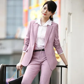 

Womens OL Business Two Piece Blazer Sets Single Button Office Work Blazer Jacket Pant Suits Pink Chic Blazer Professional Suits
