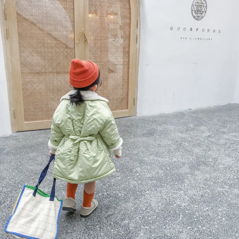 Детское пальто г. Зимнее корейское однотонное бархатное хлопковое пальто с кроликом для девочек Детский пояс, хлопковое пальто куртка средней длины для девочек