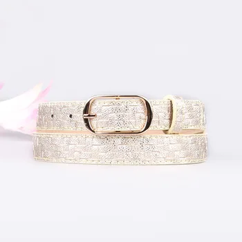 

New Women Waist Belts PU Leather Knitted Striped Girl Dress Decorated 105cm Belts Female Fashion Gold Pin Buckle Waistband