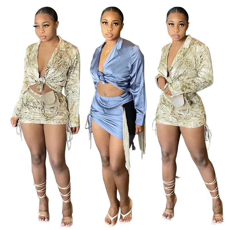 Adogirl Sexy Print Women Set Long Sleeve Tie Up Crop Tops Ruched Skirts Suits Two Pieces Set Club Party Outfits Streetwear