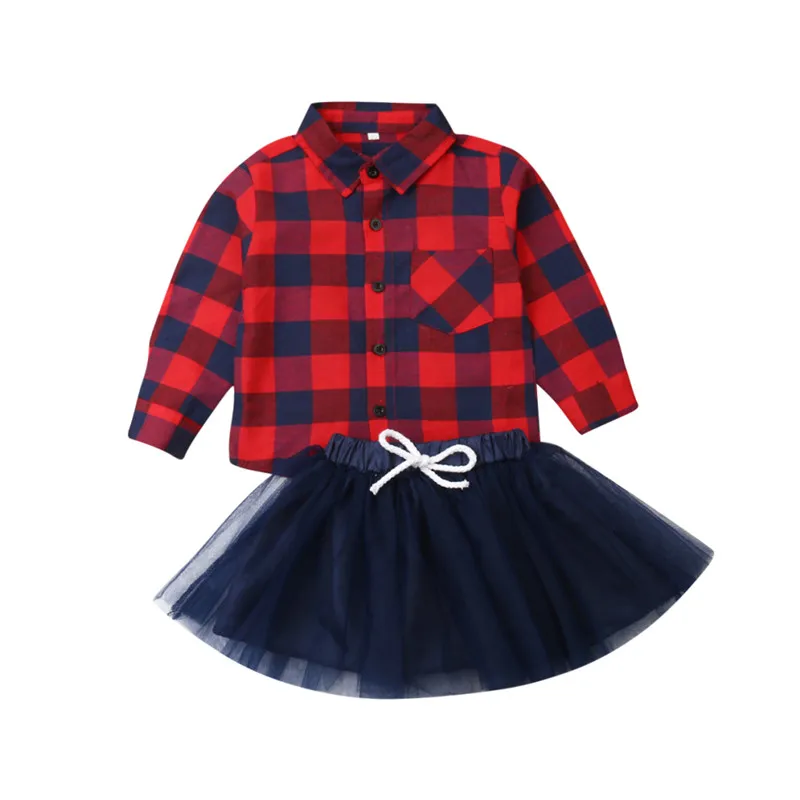 

Kids Baby Girls Christmas Clothes Autumn Sets England 2Pcs Long Sleeve Plaid Shirt+Tulle Tutu Skirts Baby Girl Outfits 0-4Y