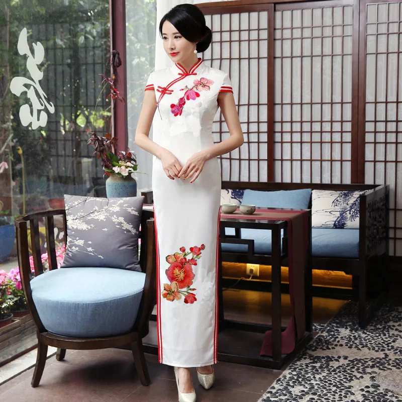 Модное Длинное платье Cheongsam в восточном стиле; женские свадебные вечерние платья с коротким рукавом в китайском стиле; элегантное платье; Vestido