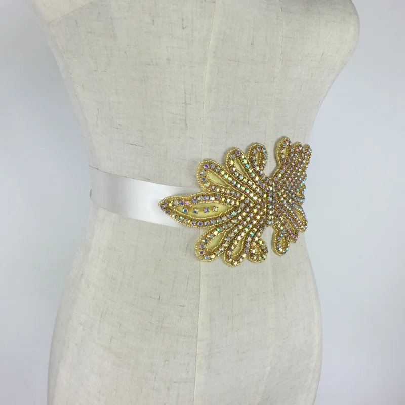 Wedding Dress Accessories Gold Rhinestone Vintage Beaded Crystal Belt Sash