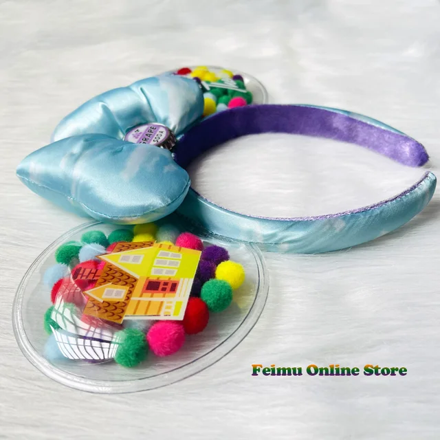 New Disney UP Air Cushion Headband Mickey Ears Disneyland Cartoon Blue Sky “GRAPE SODA” Badge Plush Headwear Decoration Gift 3