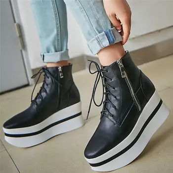 

High Top Trainers Women Genuine Leather Wedges High Heel Ankle Boots Female Square Toe Platform Pumps Shoes Fashion Sneakers
