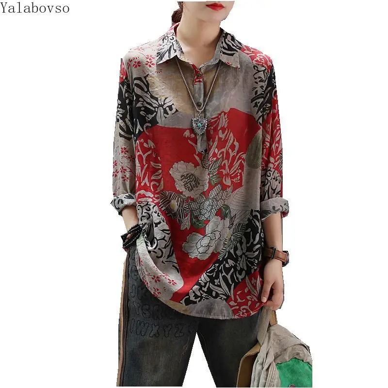 

New silk hemp printing shirt long-sleeved pullover autumn loose large size shirt multicolor thin hemp shirts for women Z3