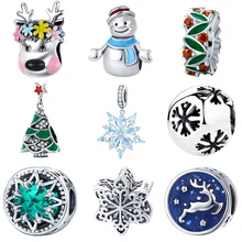 BISAER 925 пробы серебряные Рождественские Подвески Снежинки Снеговик Рождественская елка бусины подходят для серебра 925 ювелирных изделий