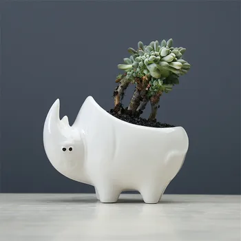 

White Ceramic Rhino Flower Pot Succulent Planter Decorative Flowerpot Multifunctional Container Holder Home Garden Decor