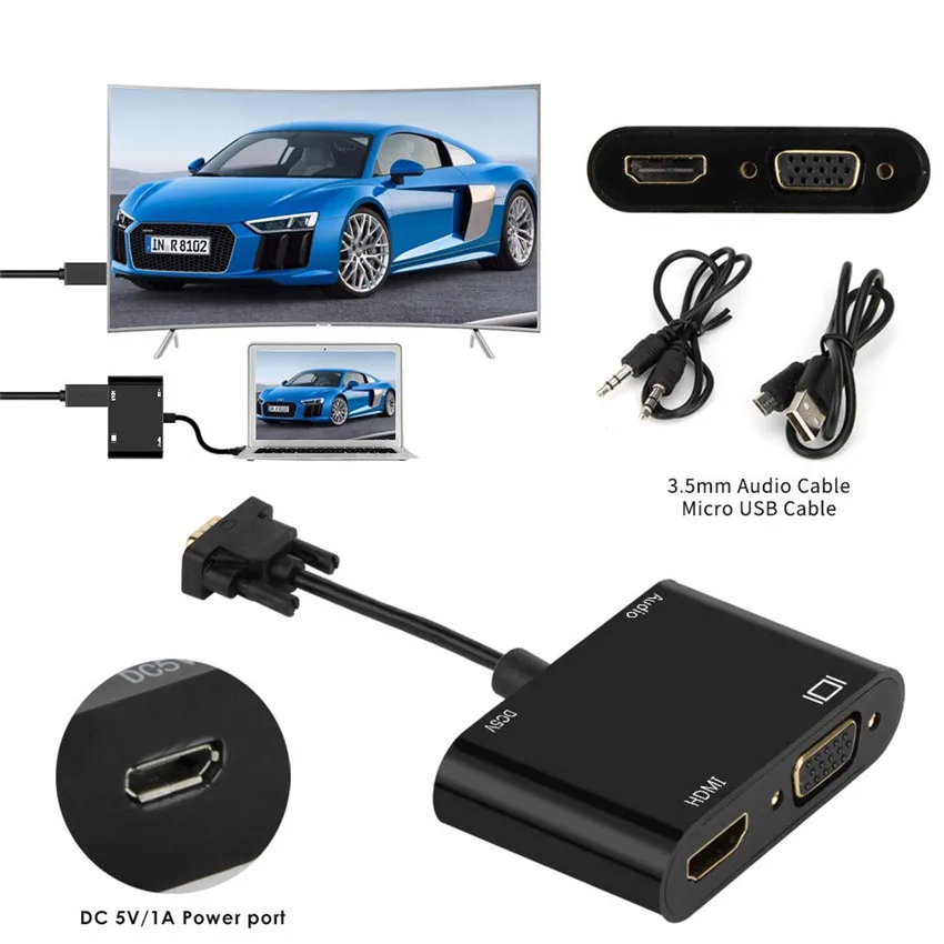 Адаптер VGA HDMI разветвитель с диагональю 3 5 мм двойной дисплей для ПК проектора HDTV