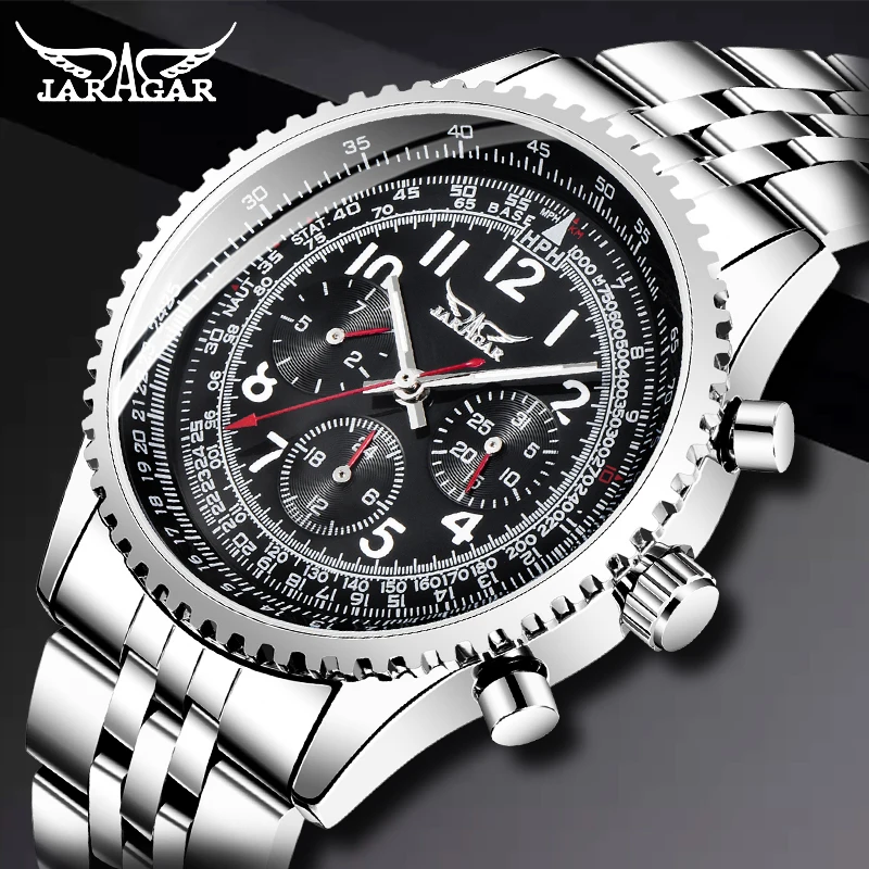 

JARAGAR Pilot Men Automatic Watch Black 3 Dial Multifunction Date Mechanical Steel Sport Watch Top Brand Luxury Male Wrist Watch