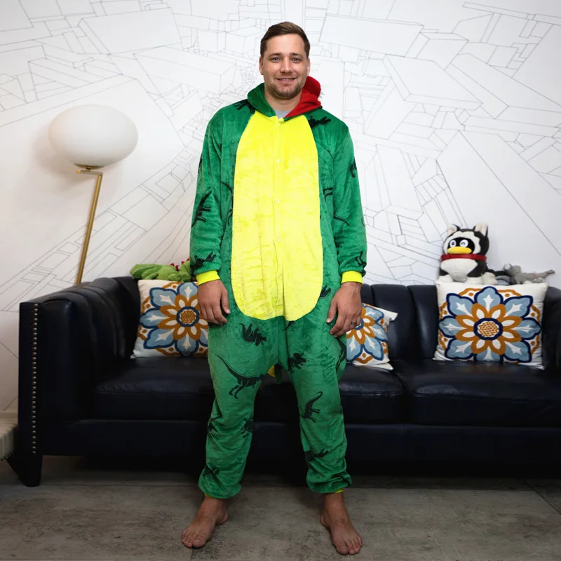 Dinosaur Kigurumis Unisex Pajama Overalls Home Wear Green Pink Animal Onesie Winter Warm Flannel Funny Jumpsuit Adult