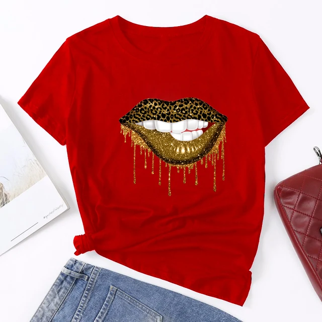 Summer Fashion Shirt Lips Leopard Graphic T Shirt Women Harajuku Tops  O-neck 4 colors Tee Kiss Lip Funny Girls  T-shirt Lips 1 Red