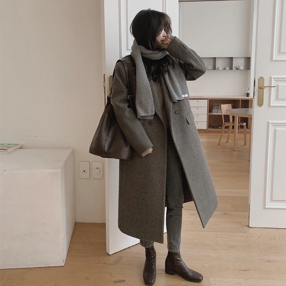 

Double breasted medium and long suit collar over knee coat women's dark gray high sense women's Woolen straight tube looks thin