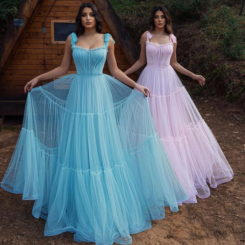 

Sevintage Polka Dotted Tulle Long Prom Dresses A Line Tiered Pleats Wedding Party Gowns for Women Plus Size Formal Prom Dress