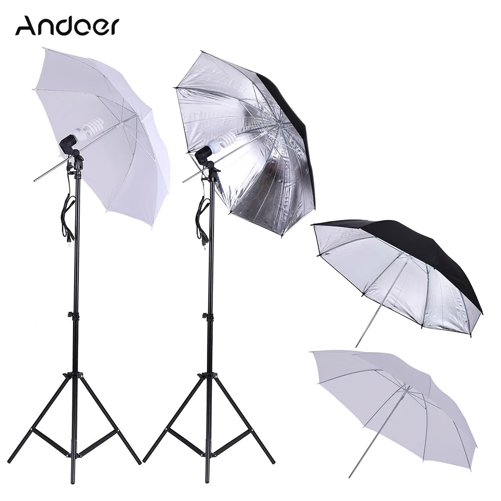 

Andoer Photo Studio Umbrella Lighting Kit w/2m Light Stands + 45W 5500K Photo Lamp Bulb +83cm Soft Umbrella + Swivel Socket etc