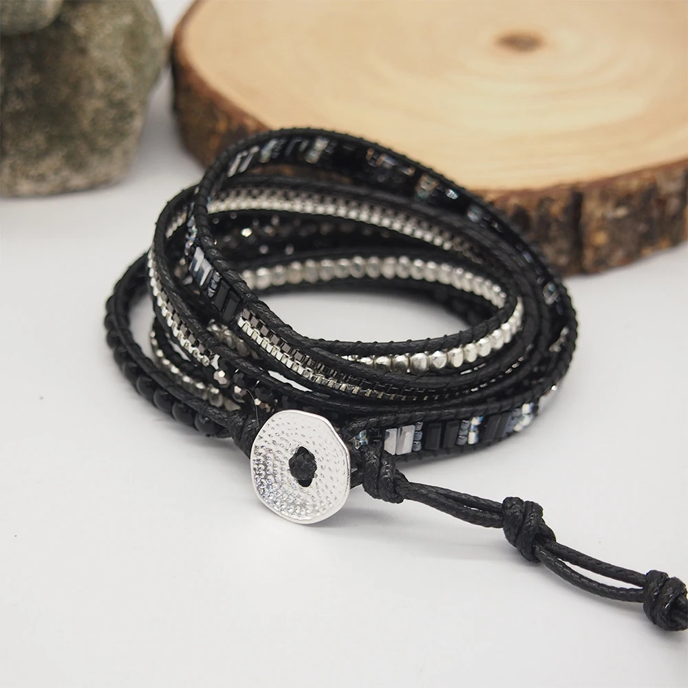 Drop Shipping Boho 5 times Wrap Black Crystal A gate Beaded Mix Bracelet with Stainless Steel Chain for Men and Women