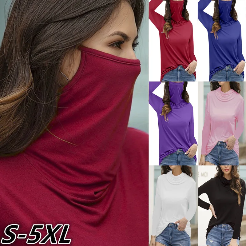 

Spring And Autumn Women T-shirt O-neck Long Sleeve Loose Solid Color Multifunctional Dust-proof Mask Top Casual Pullover T-shirt