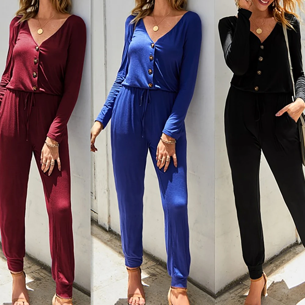 

Fashion 2019 Women's Sexy V Neck Button Down Jumpsuits Long Sleeve Elastic Waist Long Pants Rompers