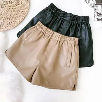 

2020 Autumn& Winter New Women Fashion High Waist Slim Leather Shorts Elastic Band Wide Leg short Khaki Boots Short Free Shipping