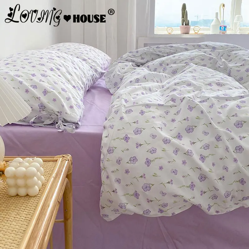 

Purple Floral Bedding Set Double Bed Lattice Sheet Gentle Lovely Girl Room Decoration Quilt 4 Pieces Linen Cotton Duvet Cover