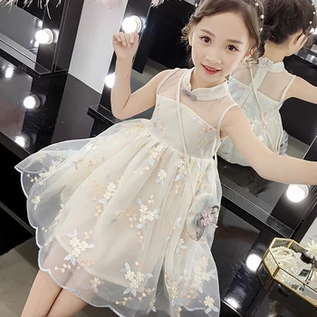 

Girls Dresses Summer Vintage Kids Girls Beach Dress Teenager Tulle Princess Vestido Kids Clothing Floral Print Child Dress