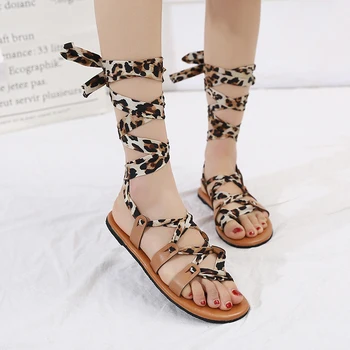 

2020 Women's Summer Sandals Ladies Cross Tied Clip Toe Flat Shoes Woman Leopard PU Leather Casual Sandals Female Beach Shoes