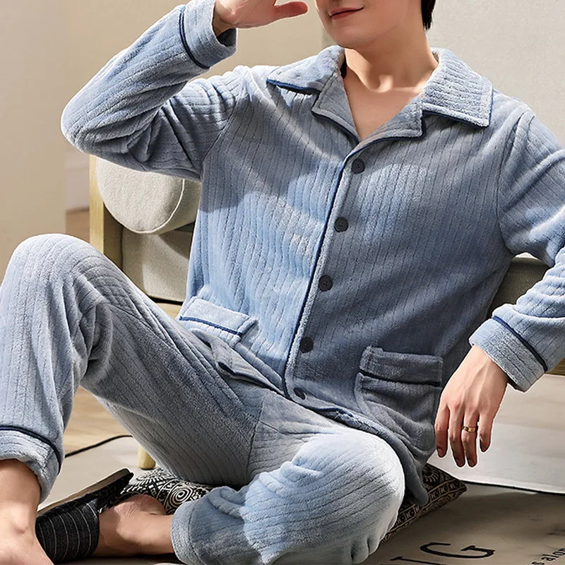 Newest Men's Winter Thicken Warm Flannel Pajamas Sets Male Long Sleeve Plus Size Sleepwear Homewear Casual Pyjama Nightwear pink silk pajamas