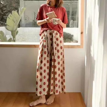 

QWEEK Cotton Pajamas for Women Korean Short Sleeve Pajama Set Polka Dot Sleepwear Two Piece Set Loungewear Pijama Home Clothes