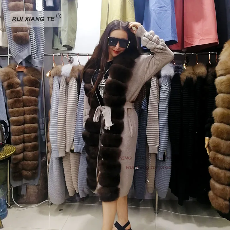

RuiXiangTe women real fur coat woolen knitting with fox collar winter jacket natural fox fur coat winter long coat