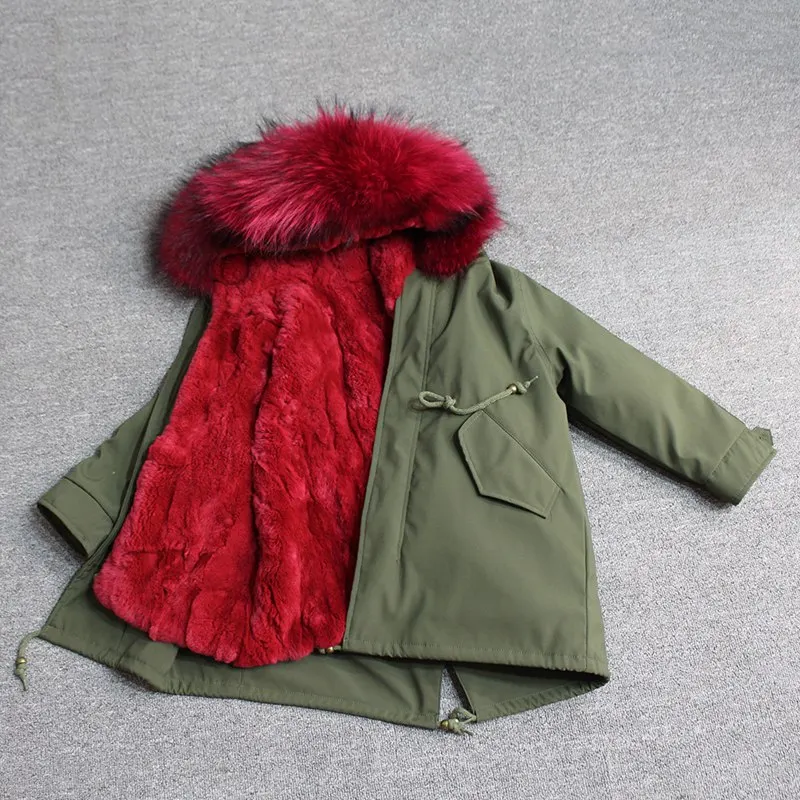 green red fur Куртки из натурального меха кролика Рекс, парки с большим воротником из меха енота с капюшоном для маленьких девочек, одежда детская зимняя куртка для мальчиков - Цвет: green red fur