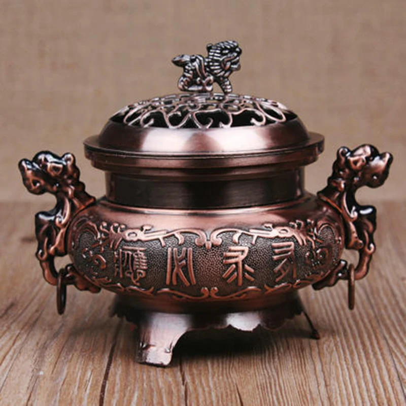 Red Copper Китай сплав двойной дракон полая крышка курильница Кадило-ароматерапия Декор - Цвет: Red Copper