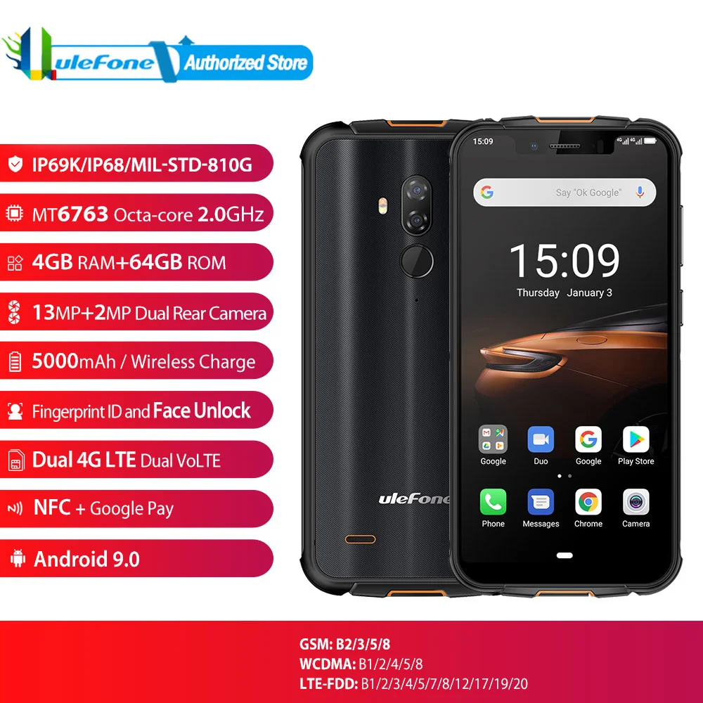 

GLOBAL VERSION Ulefone Armor 5S 5000mAH 1080HD Android 9.0 IP68 NFC 5.85" GPS+GLONASS 4GB+64GB 5000mAh 4G Cell Phone
