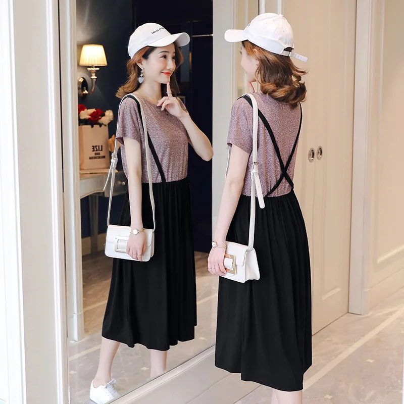 

2019 Summer New Style Pregnant Women Dress Cotton Fake Two-Piece Versatile Loose Fashion Suspender Strap Maternity Dress