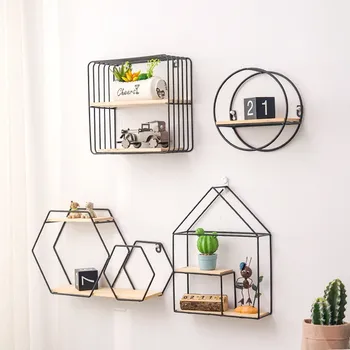 

Creative Metal Storage Holder Nordic Iron Multi-function Hanging Wall Shelf Home Livingroom Hexagon House Shape Decoration Racks