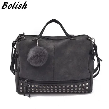 

Bolish Vintage Nubuck Leather Female Top-handle Bags Rivet Larger Women Bags Hair Ball Shoulder Bag Motorcycle Messenger Bag